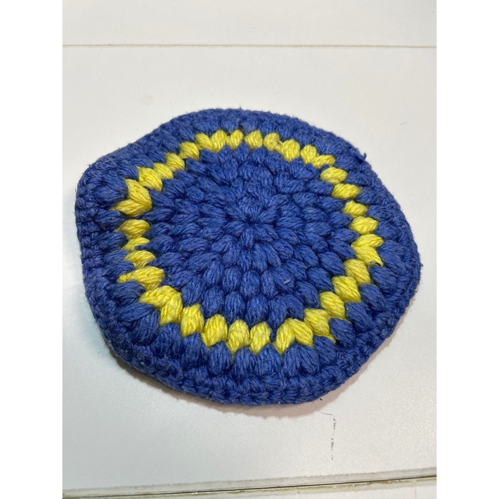 Handmade Crochet Coaster Blue Yellow Round Mug Mat Drinkware Accessory